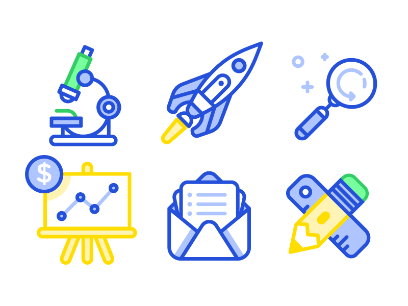 Various Icons search rocket pencil mail chart microscope illustration icons