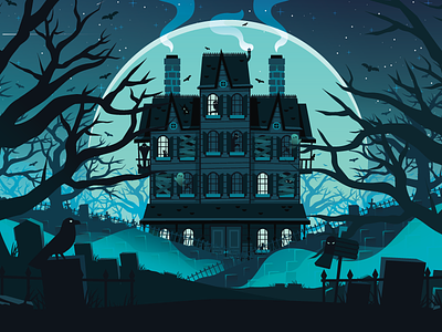 Haunted apartments building crow graveyards haunted home house illustration mailbox night slack spooky