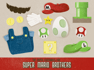 The Super Essentials For Super Mario Brothers 1up coins gloves hat luigi mario mark mushroom mustache pipe question star