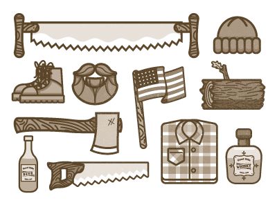 Lumber Jack Icons american ax beard beer boots custom letters flag ink letters log pen rope saw sketch whiskey wood