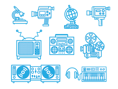 Various Icons 1-3 bass bike boombox brain camera corgi couch dj document down game globe grain guitar hammer icons korg message microscope pencil projector radio ribbon track jacket tv up wood zoom