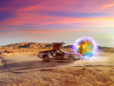 Desert Delorean 80s style desert illustration photoshop