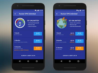 Rocket VPN Pricing Screen android app mobile pricing ui
