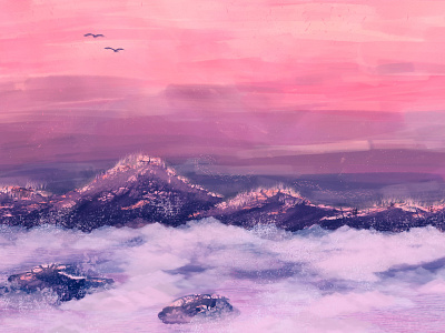 Dusk by the sea color colour colourful details dusk illustration mountains ocean painting photoshop purple scribble sky water waves