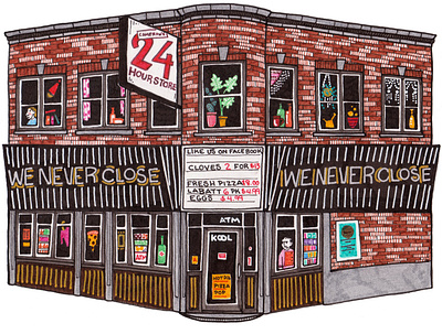 We Never Close Corner Store analog architecture buffalo ny design faber castell illustration india ink micron pen