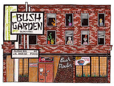 bush garden analog architecture design faber castell illustration india ink micron pen restaurant seattle