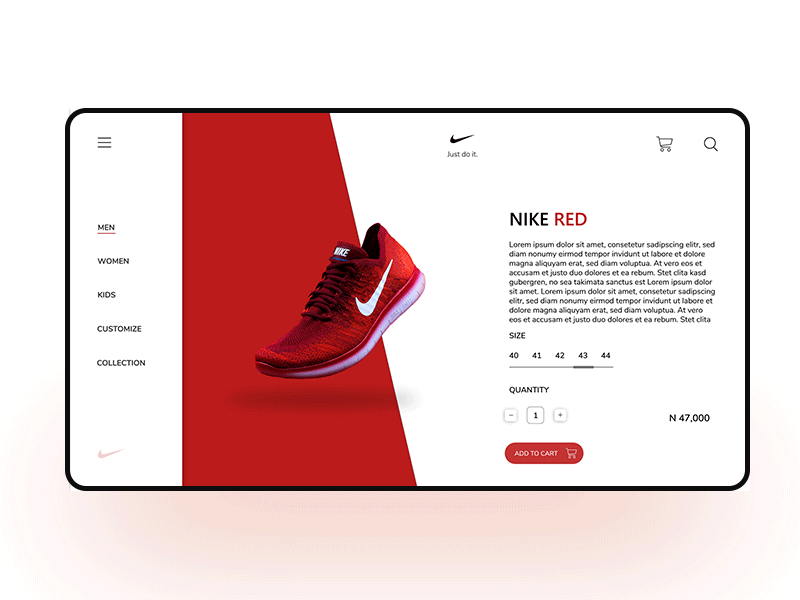 Red Nike concept adobe xd adobexd animation design illustration mockup nigeria nike nike air nike air max sport typeface typography ui ux vector web web design website website design