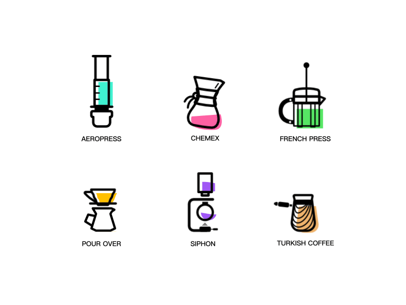 ☕️☕️☕️brewing methods☕️☕️☕️ / icons(color) / animation aeropress animation chemex coffee french press icons pour over siphon turkish coffee