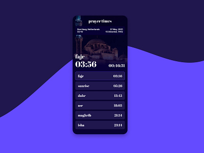 Prayer Times clean clean ui dark dark ui islam islamic mobile mobile app mobile app design mobile ui muslim muslims pray prayer prayers purple religion religious