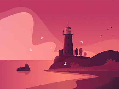 Lighthouse app birds cloud design grainy illustration lake landscape lighthouse pink pinkish pinky purple rocks sea texture vector