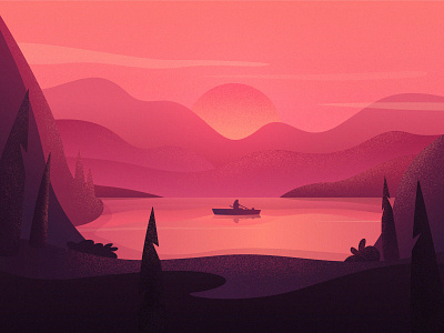 Calm on the lake boat chill design grain hills illustration lake landscape modern mountain mountains sunrise sunset texture