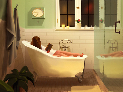 Reading bath bathroom book chill digital painting fireart fireart studio girl illustration photoshop quarantine quick