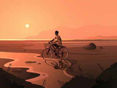 Ride at sunset bike biker birds boy design fields fireart studio illustration kid landscape mountains nature ride sun sunrise sunset vector