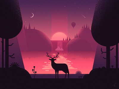 An Early Morning At The Lake animal ballon chill chilling deer fireart fireart studio hills illustration journey lake landscape may moon morning moutains mushroom purple sun sunrise