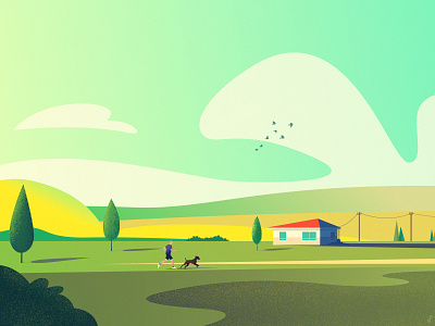 The Meadows House birds cloudy color palette day dog fields green home house house illustration illustration illustrator landscape meadow run runner sunny walking yellow