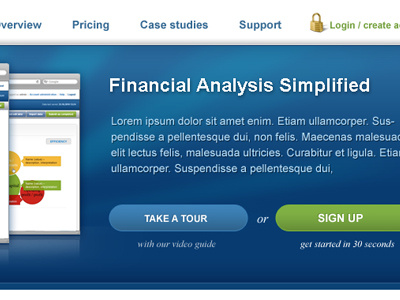 Financial analysis blue buttons design green screenshot software web