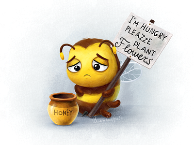 Hungy Bee bee character cute flowers honey honeypot hungry illustration sad sign