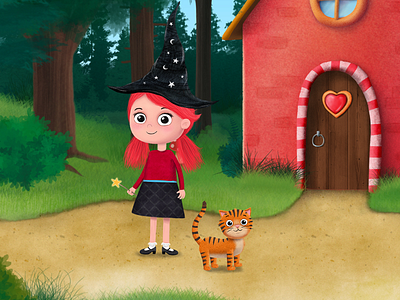 Little witch candy cat character cute forest game house illustration kids witch