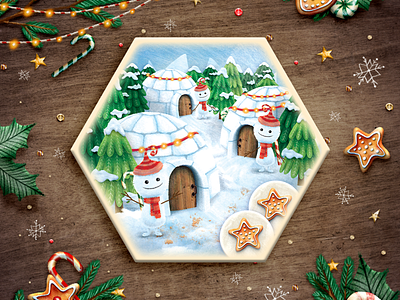 The Snow Village board game candy christmas game igloo illustration kids snow snowflake tile village winter