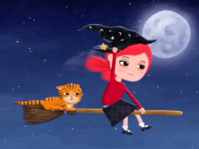 The Little Witch animated gif animation autumn cat character character design cute dark fall fly gif illustration kids leaf leaves moon night witch
