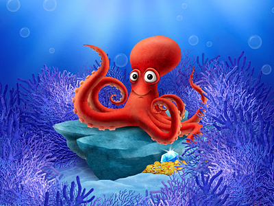 Octopus Character cartoon casino character corals cute game gem gold illustration octopus rock sea treasure underwater