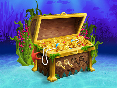 Treasure chest casino coins corals game gold illustration key sea seaweed starfish treasure treasure chest treasures underwater
