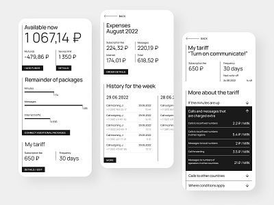 Mobile operator air balance blackwhite chart digital grotesk history inteface lists minimalism monochrome tarif typography ui