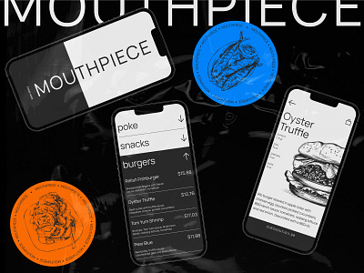 Food bar mouthpiece app bar black and white blackwhite branding design dropdown food illustration menu mobile app monochrome plastic pricing shop sticker swiss typography ui ux