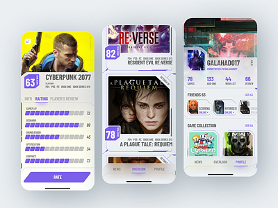 Gamer app cards cyberpunk design digital form games glass lines list mobile app overlook profile raiting tab bar typography ui ux