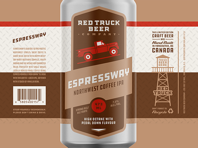 Red Truck Beer Company Packaging – Espressway – 473mL badge beverages branding craft beer design flat icon identity illustration illustrator logo minimal naming retail type typography vector