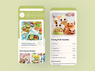 Mobile App with recipes for children app cooking food kids app makeevaflchallenge recipes screen design ui