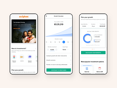 Scripbox | Wealth Tech App Design calculator ui finance app fintech fintech app graphs investment app minimalist mutual funds ui ux
