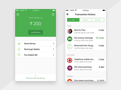 Landing & Transactions bill green ios landing money native ocd recharge transactions transfer ui