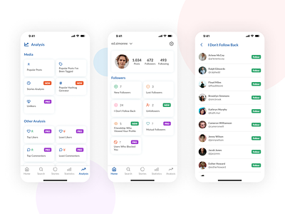 UI Redesign for an Instagram Companion App analyser app dashboard follow followers home page insta profile instagram interface material design minimal design profile analayser ui unfollow ux