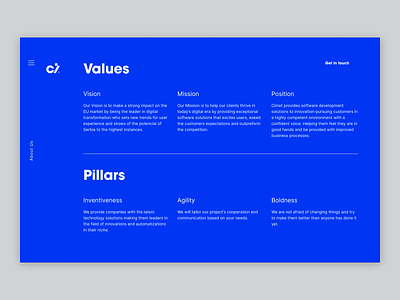 Cimet - Values & Pillars animation blue clean clean ui design figma motion motion design product type typography ui user experience user experience design user interface user interface design ux values webdesign website