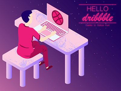 Hello, Dribbble!!! adobe illustrator hello dribbble isometry laptop people space star