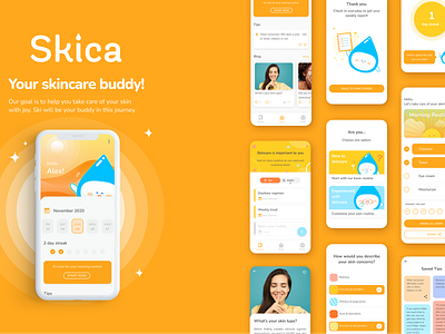 Skica app UI app character cosmetic design fresh illustration logo mascot mobile mockup orange screen skincare ui ux water