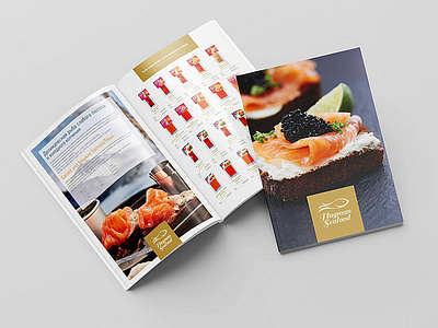 Product catalog of Flagman Seafood company advertising branding design print typography