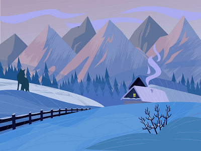 Winter Villige cold illustration landscape landscape illustration mountains snow villige winter wolf