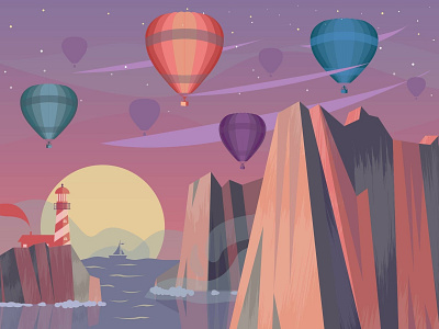 bollons in the night balloon design illustration landscape landscape illustration lighthouse mountains night sea
