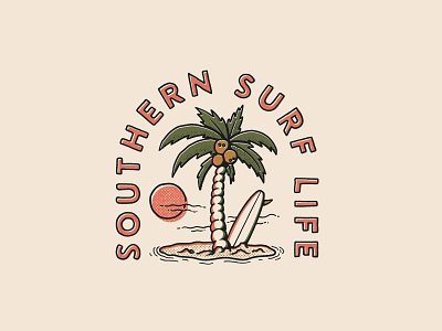 Southern surf life branding desert island hand drawn illustration logo longboard palm tree palms retro surf surfing vintage