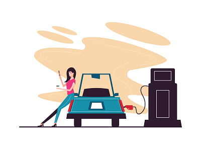 Car Refuel at Gas Station car character design flat fuel gas station girl illustration illustrator vector woman woman illustration