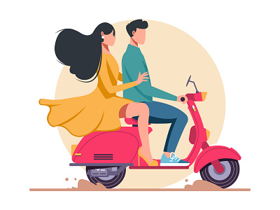 Happy Young Couple Riding Motorcycle boy branding character couple design february flat girl graphic design happy illustration illustrator love riding scooter together ui valentine vector