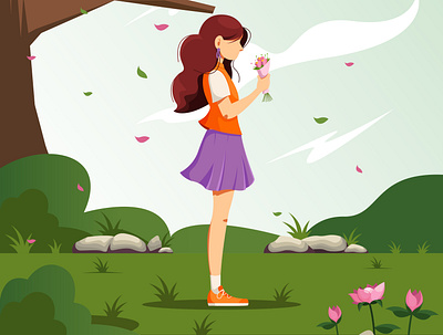 Girl holding a bouquet of flower in the garden character design diversity flat flower garden girl illustration illustrator nature vector women