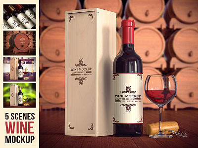 5 Scenes Wine Mockup 3d mockup barrel mockup product product mockup promotion realistic wine