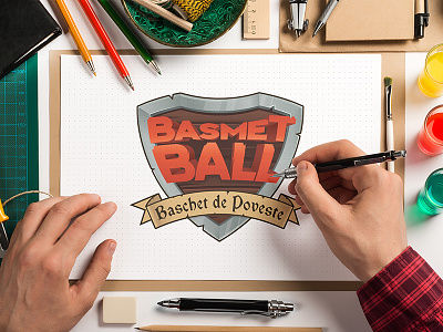 BasmetBall Logo WIP ball basket basketball logo medieval scroll shield story tale