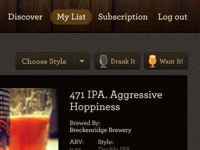 Filter Beers abv button dark dropdown filter grain icons item navigation select style wood