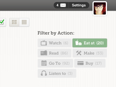 Filter By Action avatar button buy eat filter go icon listen make read watch