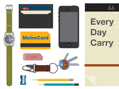 Every Day Carry - all items eraser iphone keys metrocard notepad page pencil sharpener sketchpad wallet watch