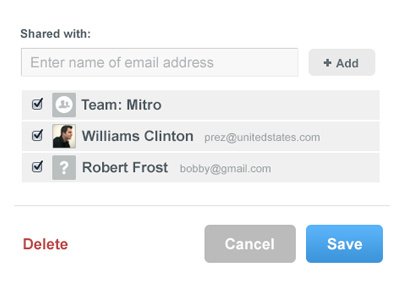 Share with Teams or Colleagues add buttons cancel checkbox delete edit freshthrills save share